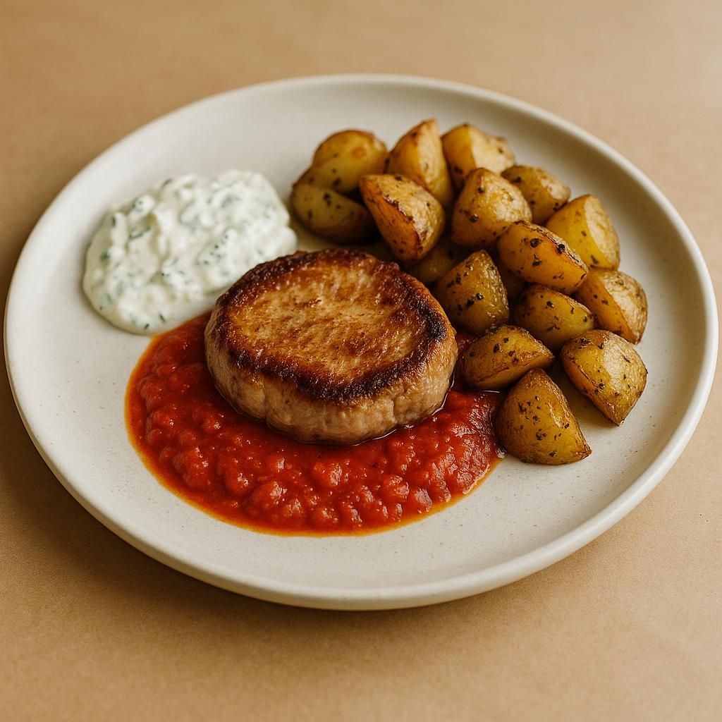 Stekt fläsknoisette tomatsås tzatsiki rostad potatis