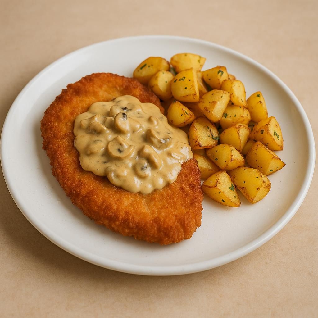 Kycklingschnitzel champinjonsås stekt potatis