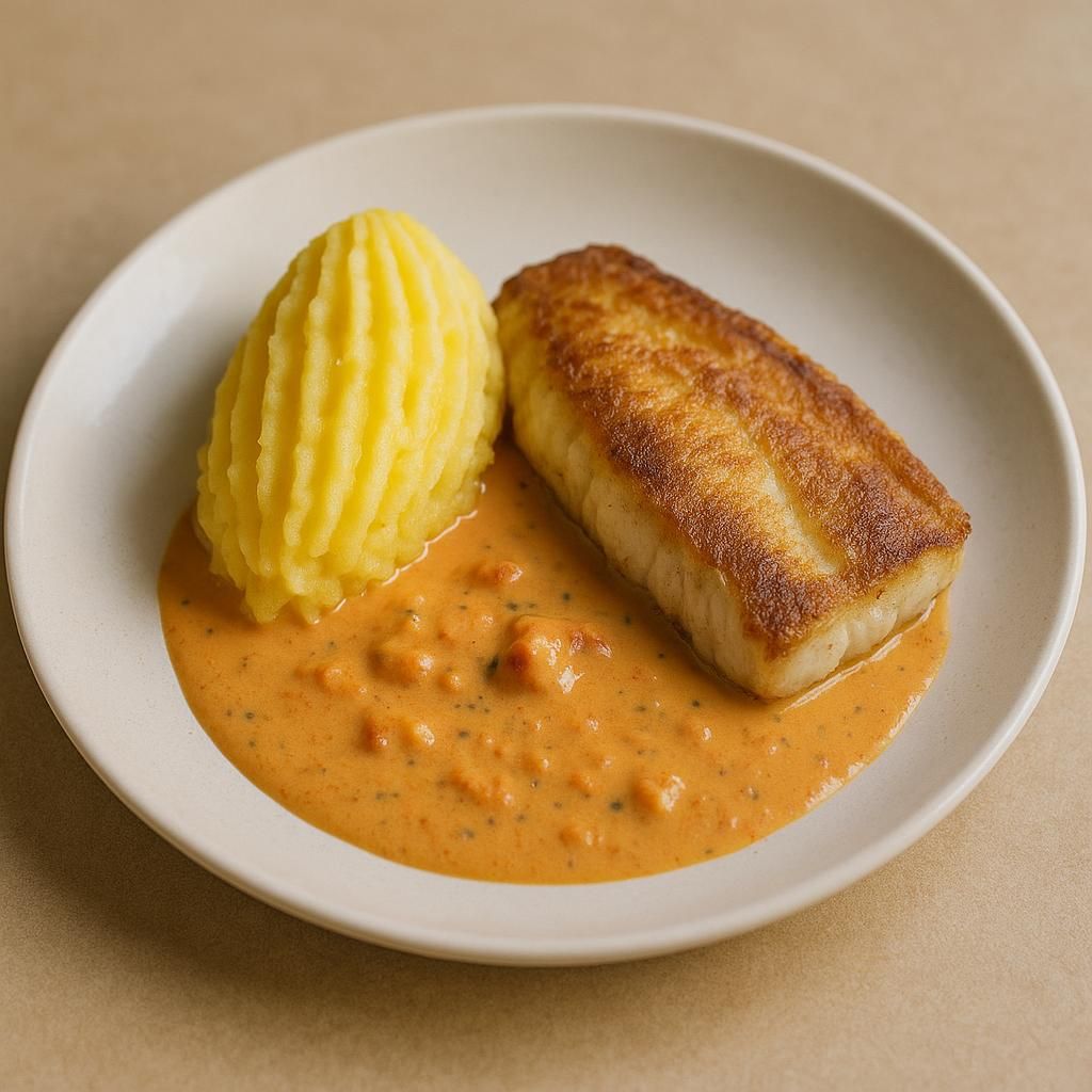 Stekt fiskfile med hummersås pressad potatis