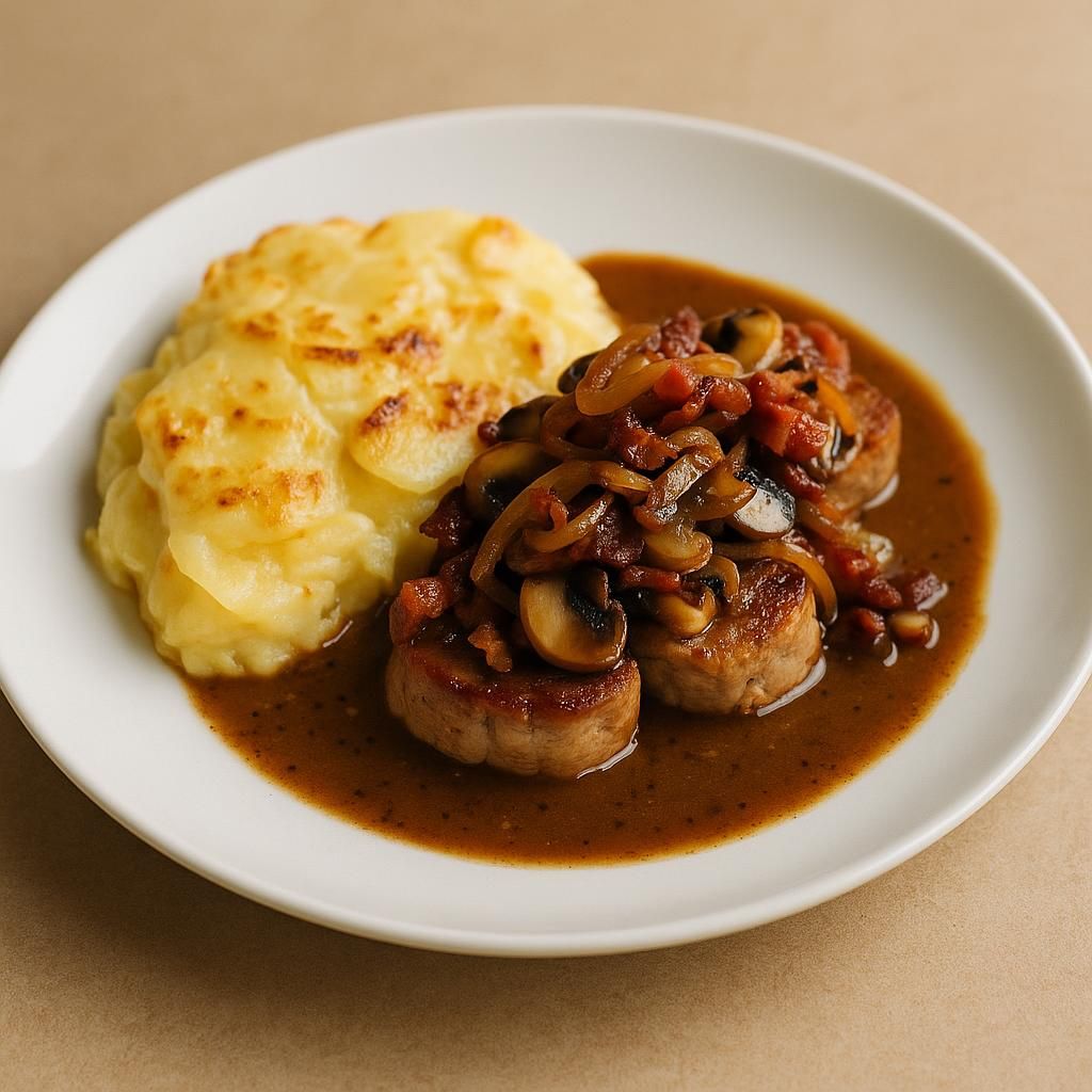 Stekt fläskfile portvinsky toppad med champinjon lök bacon symfoni potatisgratäng