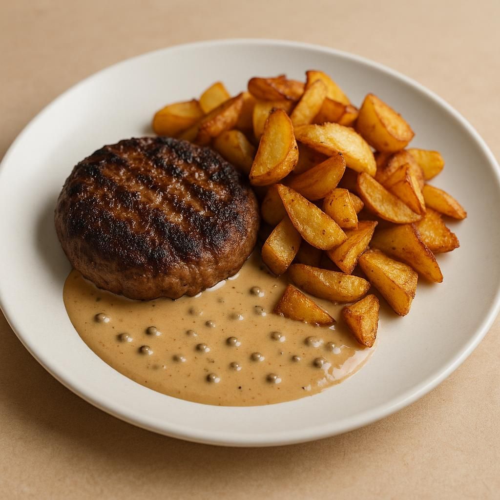 Färsbiff med pepparsås stekt potatis