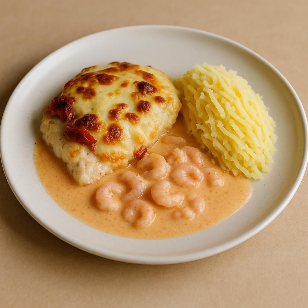 Soltorkadtomat/mozzarella gratinerad fiskfile räksås pressad potatis