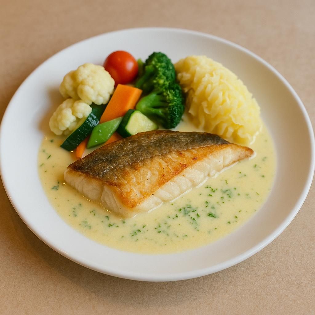 Soltorkadtomat/mozzarella gratinerad fiskfile räksås pressad potatis